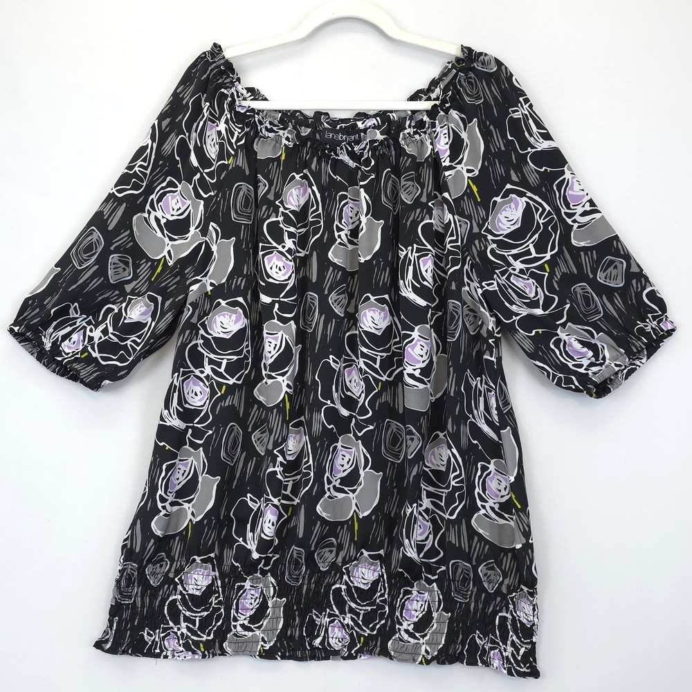 Lane Bryant Blouse Womens 18/20 Black Purple‎ Floral Boat Neck 3/4 Sleeve Sheer